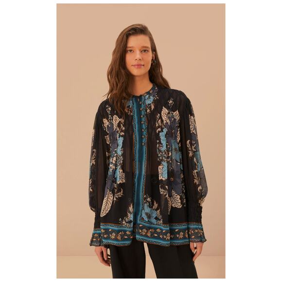 Farm Rio Blossom Black Bee Tapestry Smocked Blouse Size Medium - Picture 12 of 12